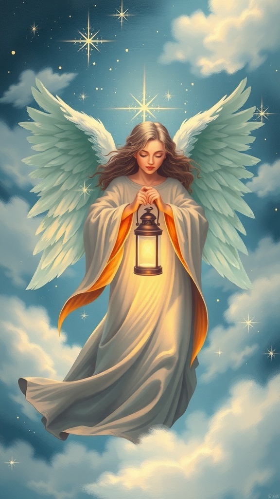 A peaceful Christmas angel painting with a glowing lantern and starry background.